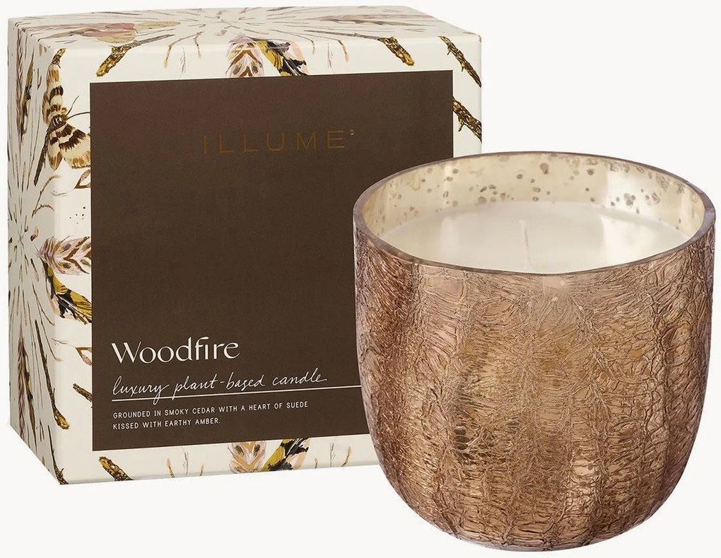 Candela profumata Woodfire (ambra, camoscio, legno di cedro)