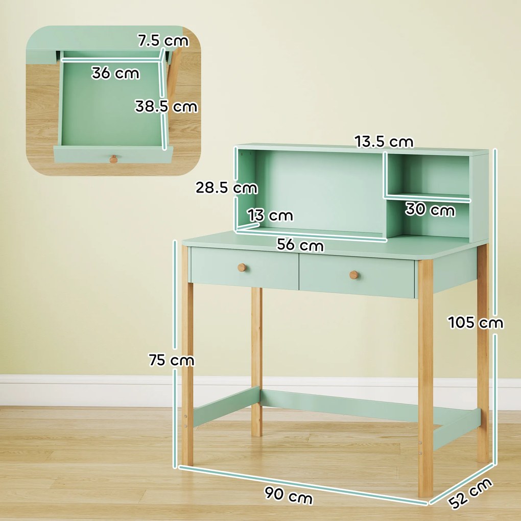 Scrivania per Bambini 5-12 Anni 90x52x105 cm con 3 Ripiani e 2 Cassetti in Legno Verde...