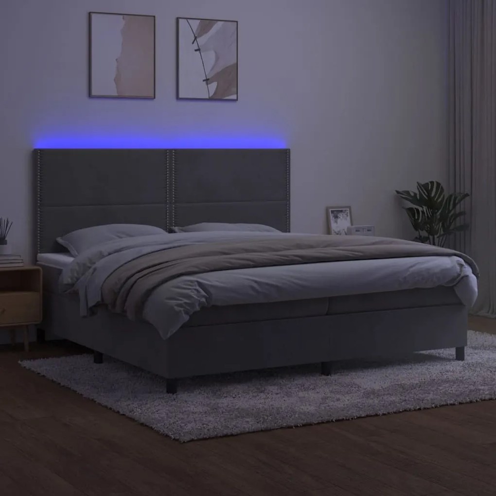 Letto a molle materasso e led grigio chiaro 200x200 cm velluto