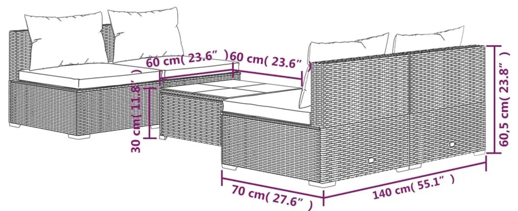 Set Divani da Giardino 5 pz con Cuscini in Polyrattan Marrone