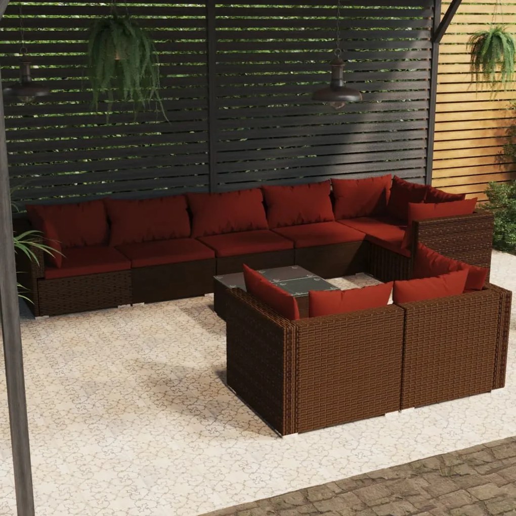 Set Divani da Giardino 9 pz con Cuscini in Polyrattan Marrone