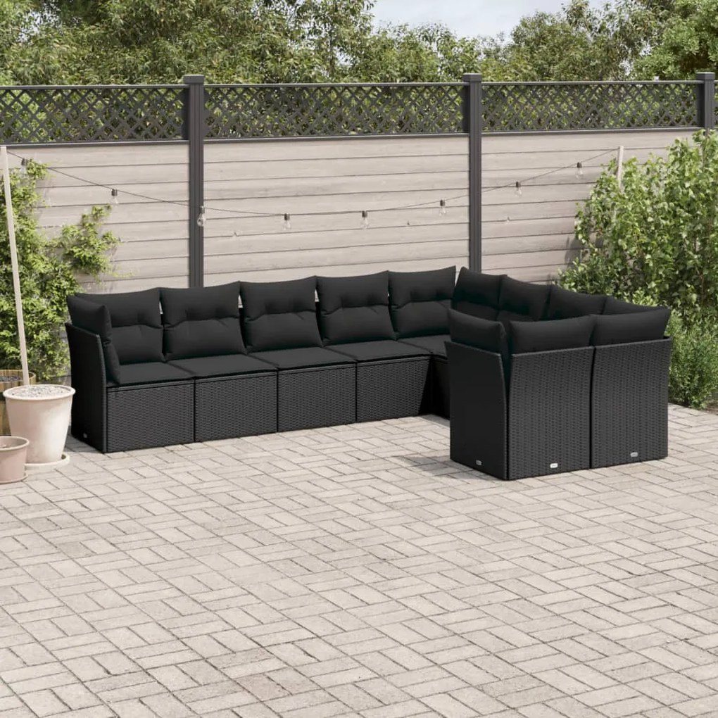 Set divani da giardino 9 pz con cuscini nero in polyrattan