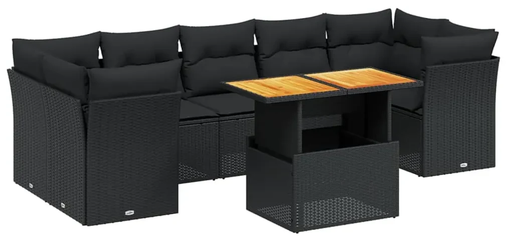 Set divani da giardino con cuscini 8 pz nero in polyrattan