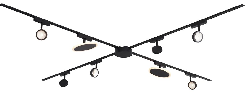 Sistema di illuminazione su binario con 6 faretti e 2 plafoniere nere monofase - Magnetic Lance Puk