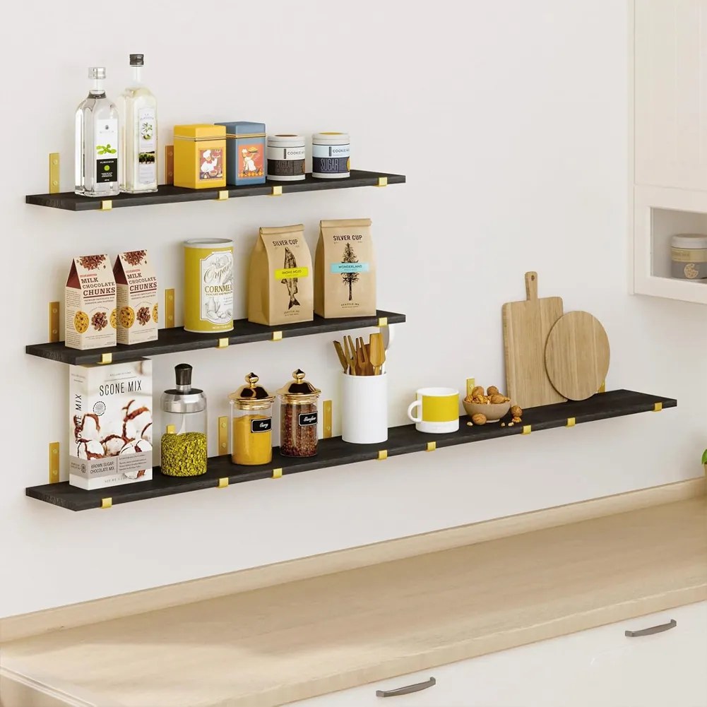 Set 8 Mensole da Parete 40x15x1,5 cm Staffe Oro Scaffalatura da Muro in Legno Nero...