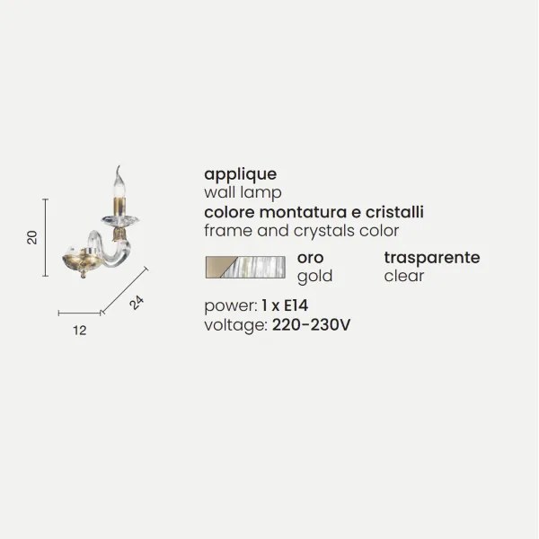 Applique 1306 in vetro soffiato lavorato a mano a 1 luce