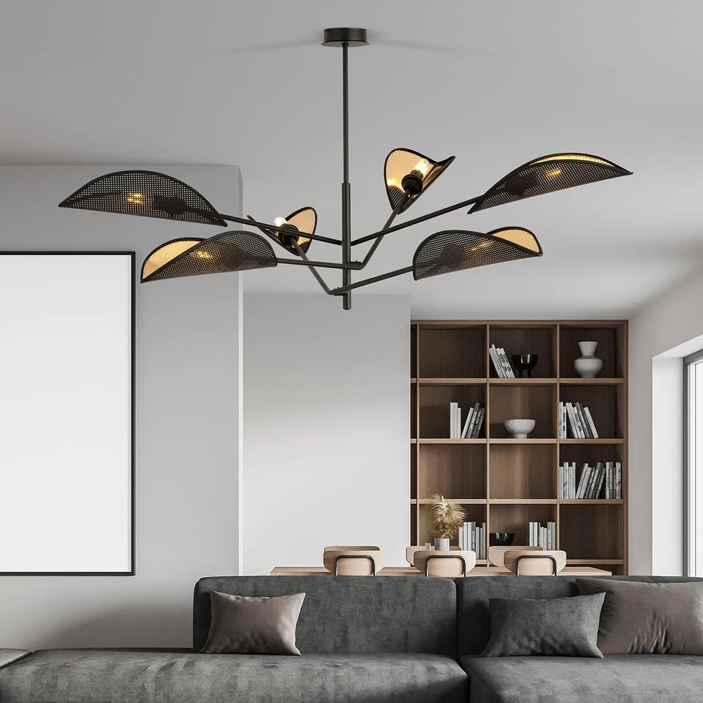 Lampadario 6 Luci Eridano In Acciao Nero E Oro Con Bracci Mobili