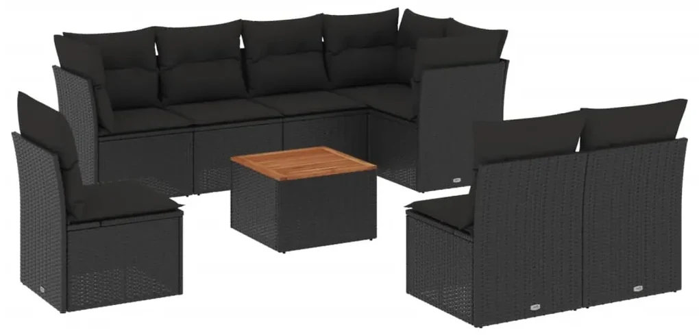 Set divani da giardino 9 pz con cuscini nero in polyrattan