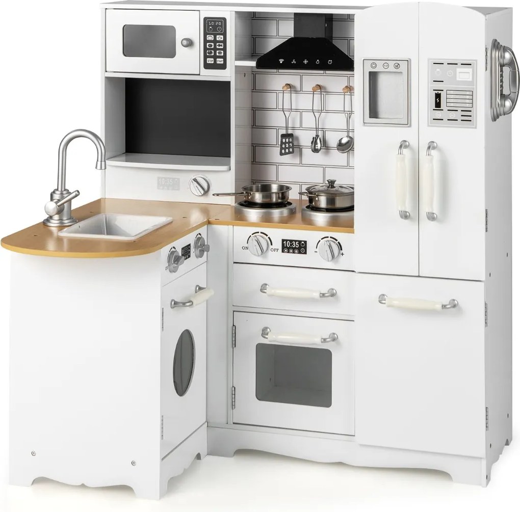 Costway Cucina ad angolo per bambini con lavelli fornelli cappa telefono frigorifero, Cucina gioco educativo Bianco