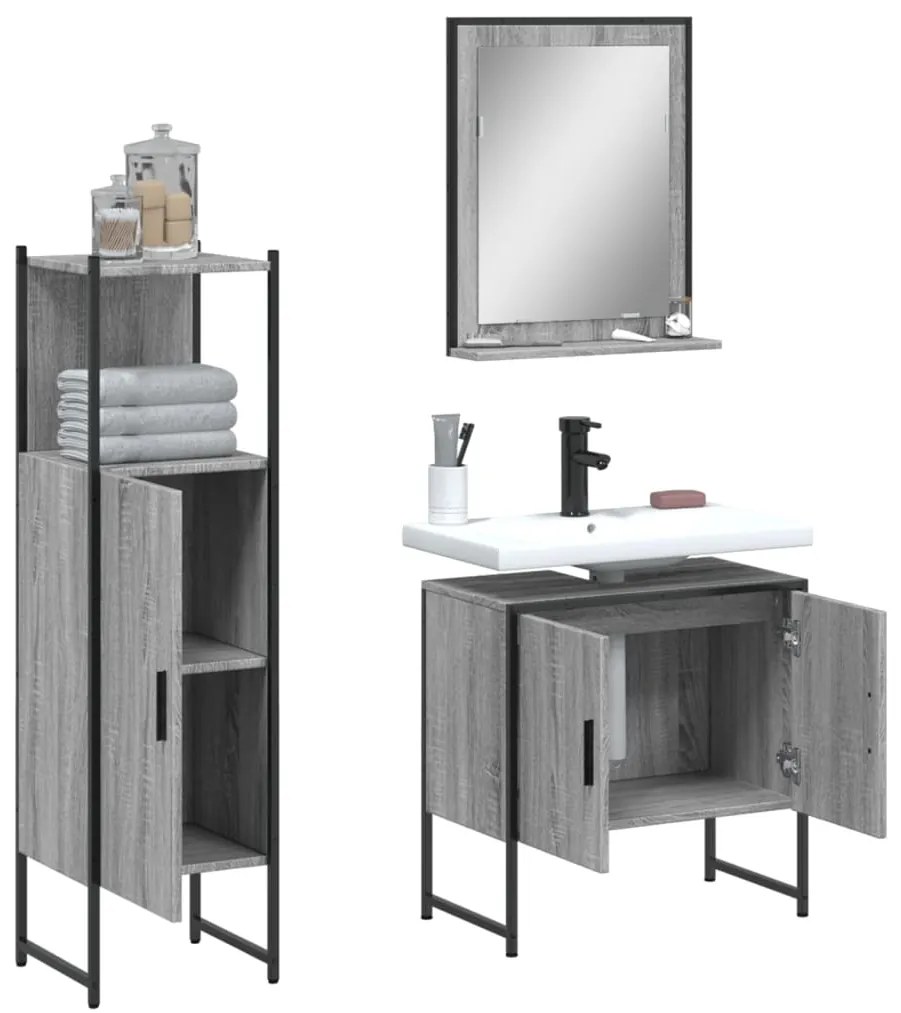 Set mobili da bagno 3 pz grigio sonoma in legno multistrato