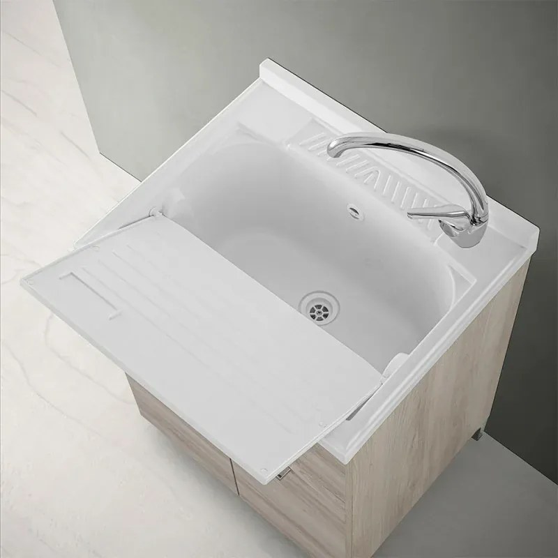 Mobile lavatoio 60x60 cm 2 ante rovere grigio con vasca in resina, asse lavapanni e kit di scarico