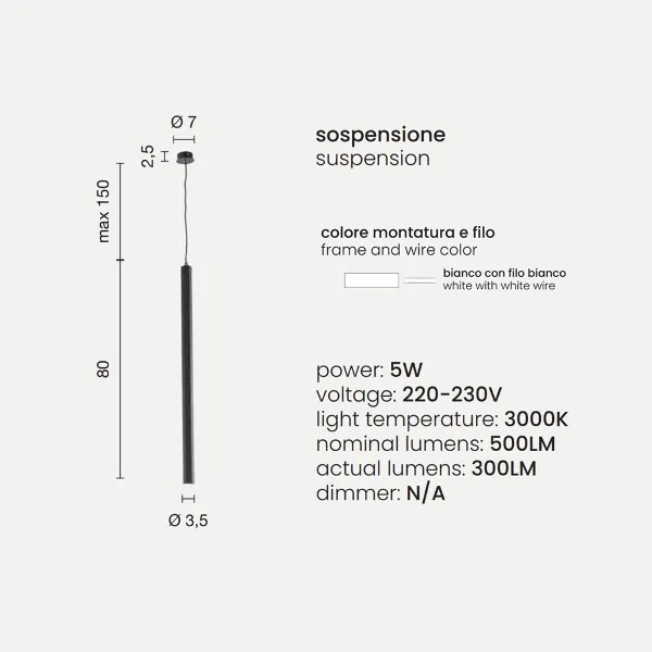 Lampada a sospensione EXAGON a LED D3,5 cm in metallo verniciato BIANCO