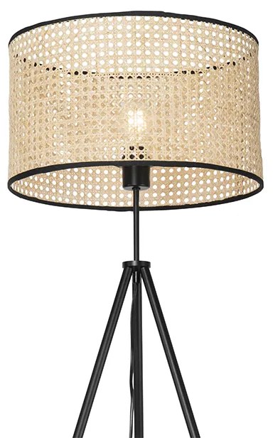 Lampada da terra rustica treppiede nera con paralume in rattan - Kata