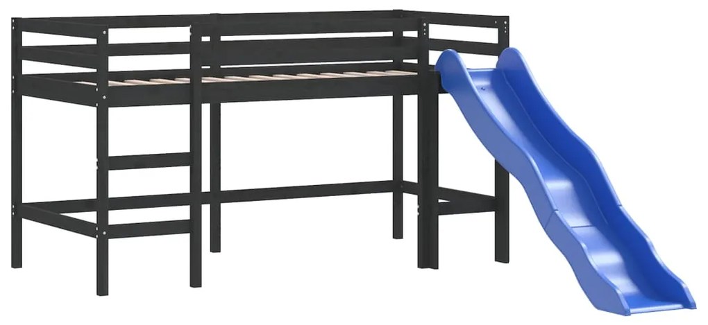 Letto soppalco con scivolo bambini nero 90x200cm massello pino