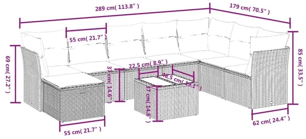 Set Divani da Giardino 9 pz con Cuscini Nero in Polyrattan