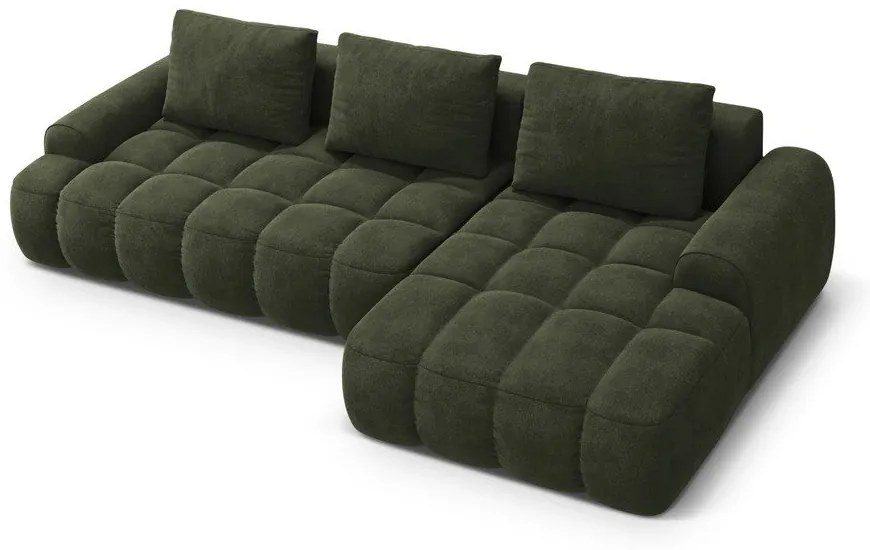 Divano angolare verde allungabile/con contenitore (con penisola a destra/con chaise lounge) con rivestimento in velluto Linz – Cosmopolitan Design