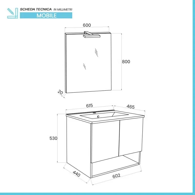 Mobile bagno sospeso 60 rovere grigio con lavabo e specchio LED Oslo