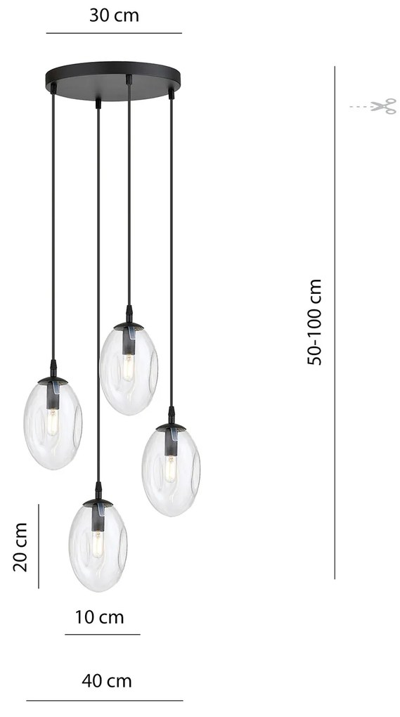 Sospensione Minimal 4 Luci Atalanta Acciaio Nero E Vetro Trasparente