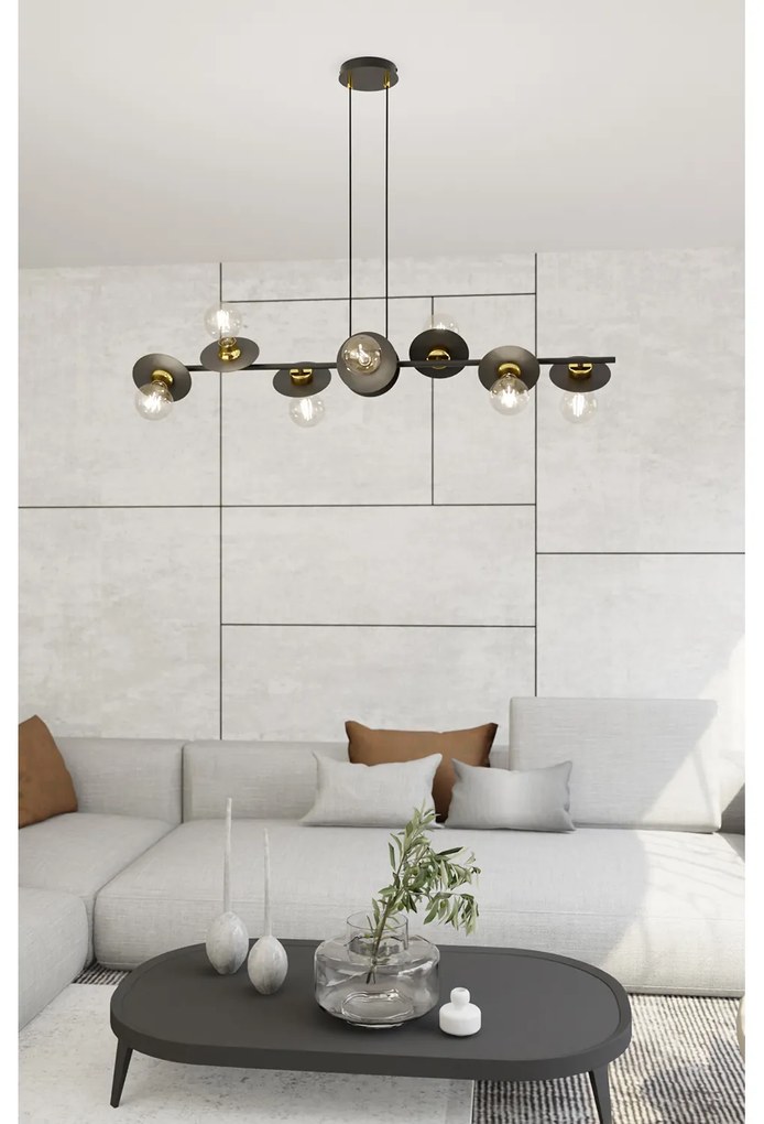 Lampadario 8 Luci Eos In Acciaio Nero E Oro Con Barra E Diffusori A Piatti