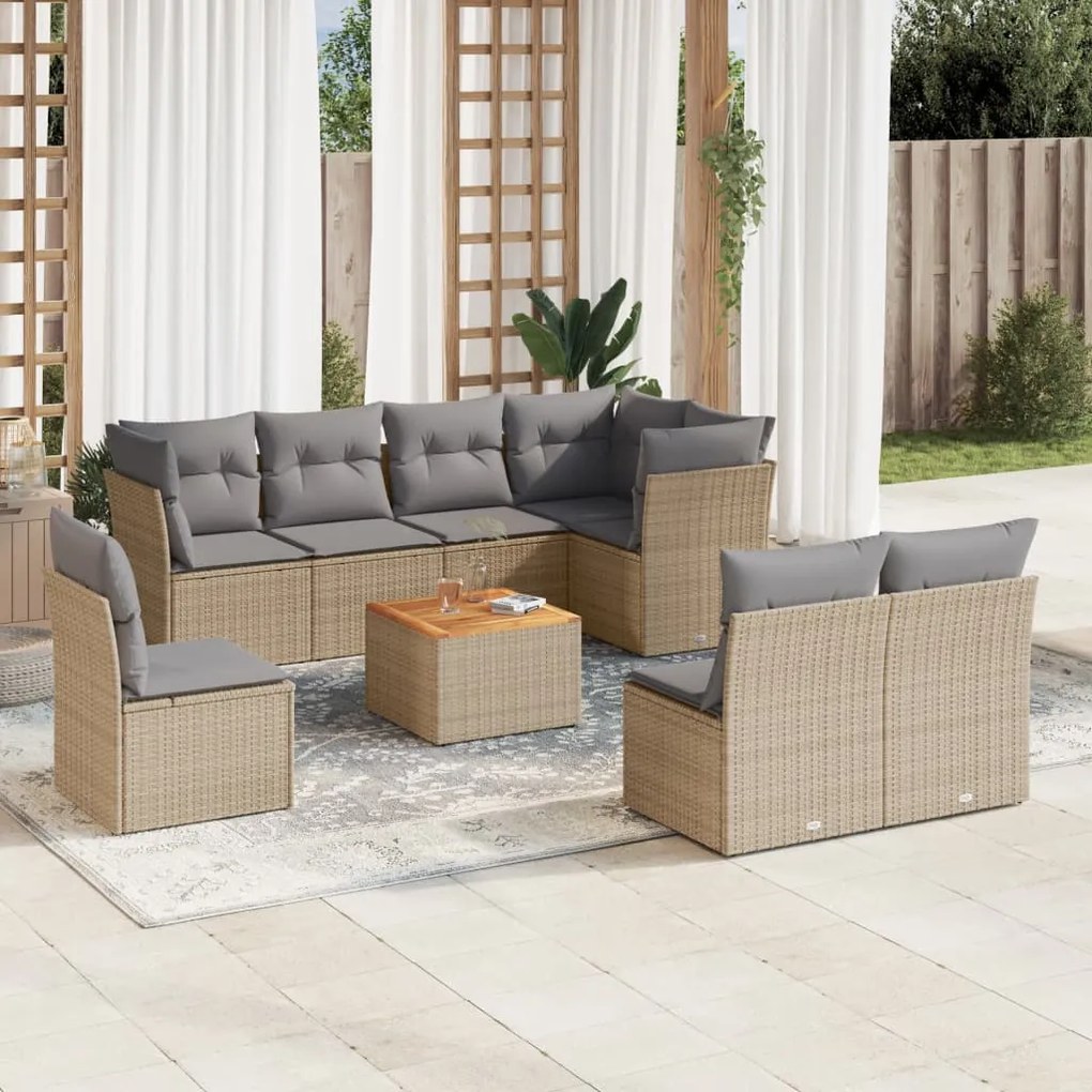 Set divano da giardino 9 pz con cuscini beige misto polyrattan