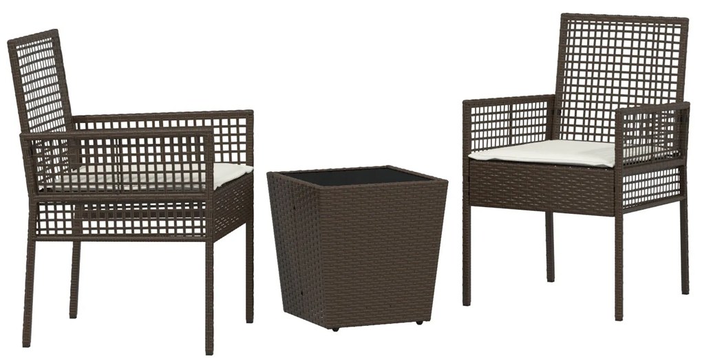 Set bistro da giardino a 3 pezzi con cuscini marrone in polyrattan