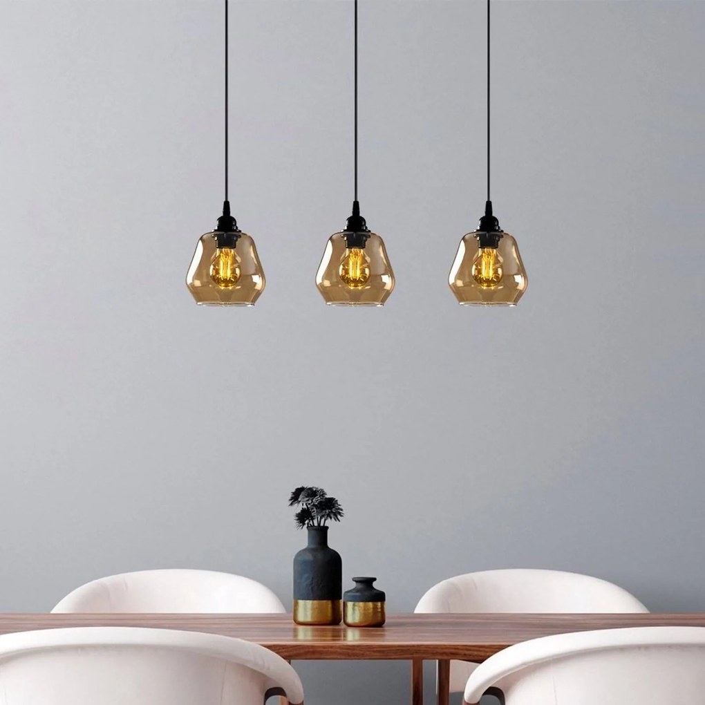 Opviq Lampada a sospensione Gold 032, oro-trasparente, vetro a 3 luci lunga