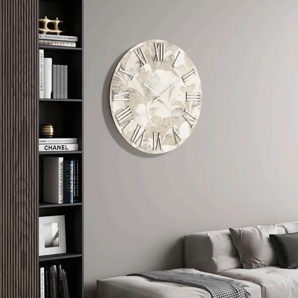 Orologio rotondo D40 cm in legno rivestito con parato e dettagli Argento JOSE