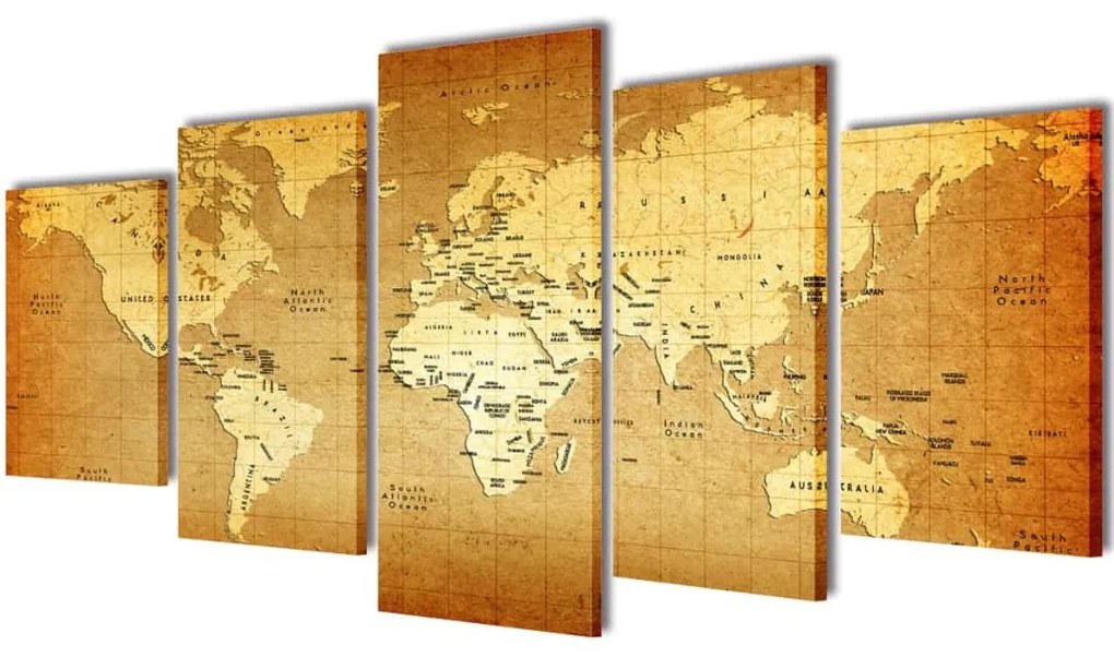 Set Stampa Su Tela Da Muro 5 Pz Mappa Del Mondo 100 X 50 Cm /