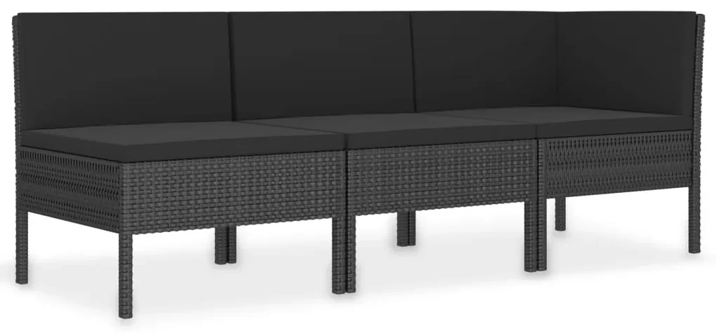 Set divani da giardino 3 pz con cuscini in polyrattan nero