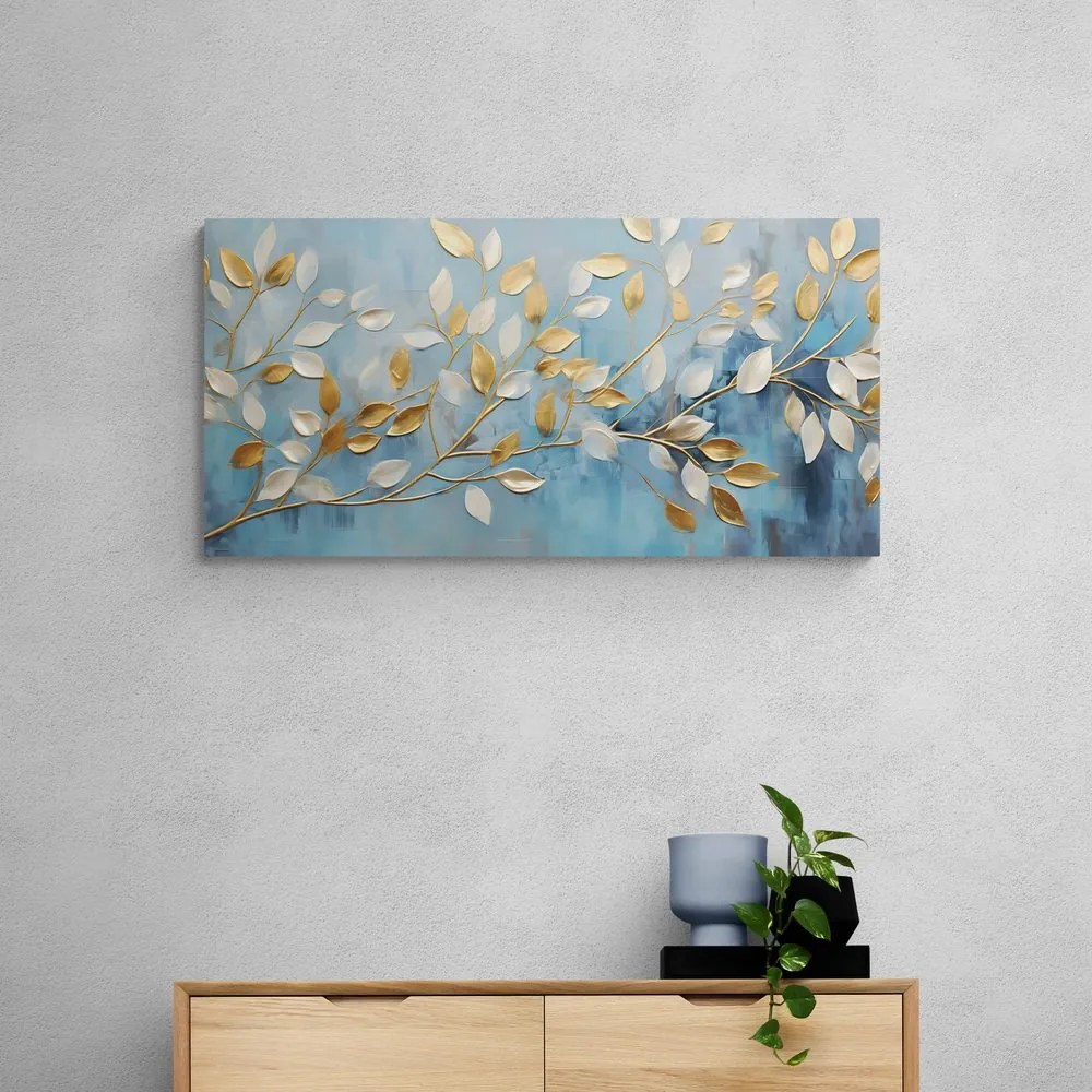 Quadro su tela – Foglie oro-bianche su sfondo blu