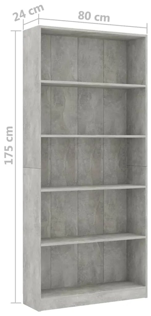 Libreria 5 Ripiani Grigio Cemento 80x24x175cm Legno Multistrato