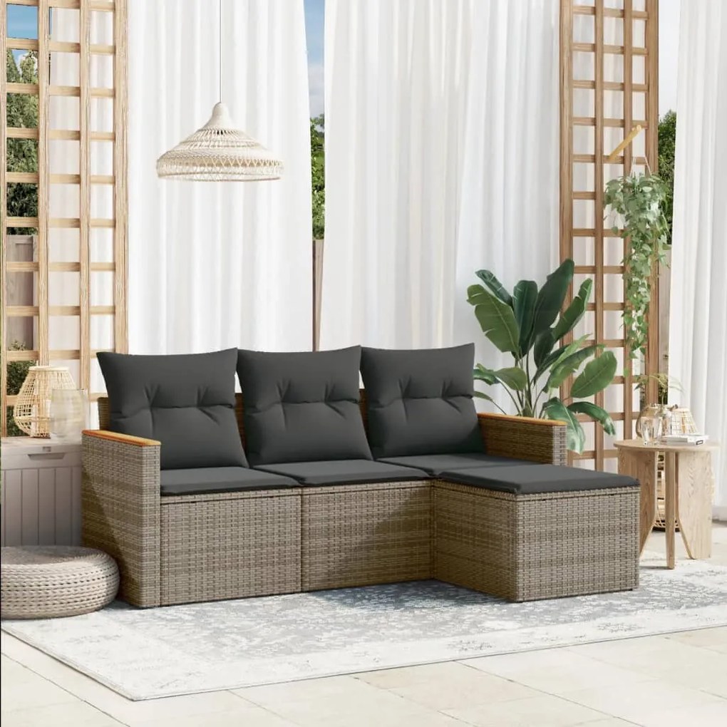 Set divani da giardino 4 pz con cuscini in polyrattan grigio