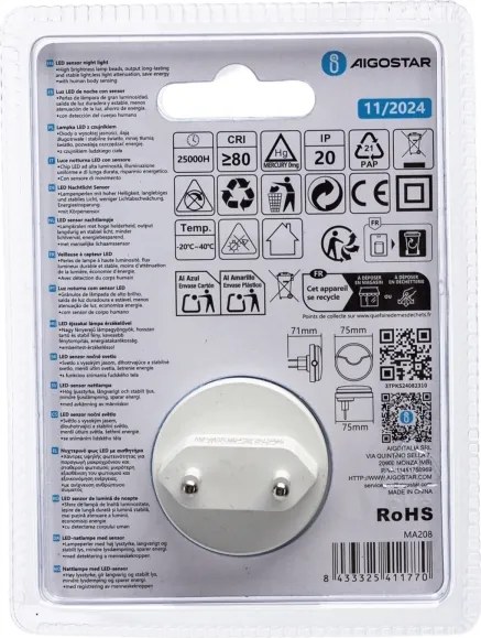Aigostar - Lampada notturna LED con sensore LED/0,5W/230V 6500K
