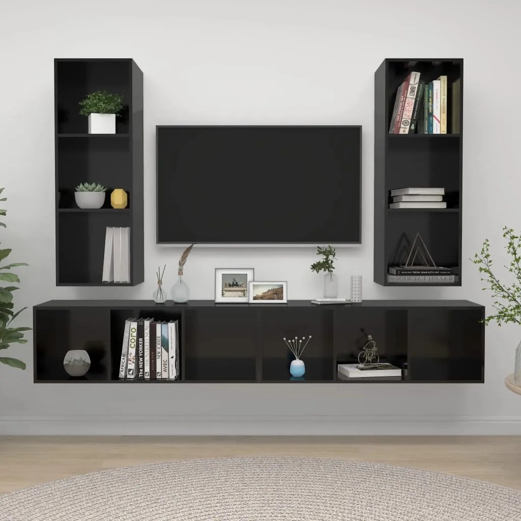 Mobile Tv A Parete 4 Pz Nero Lucido İn Truciolato /