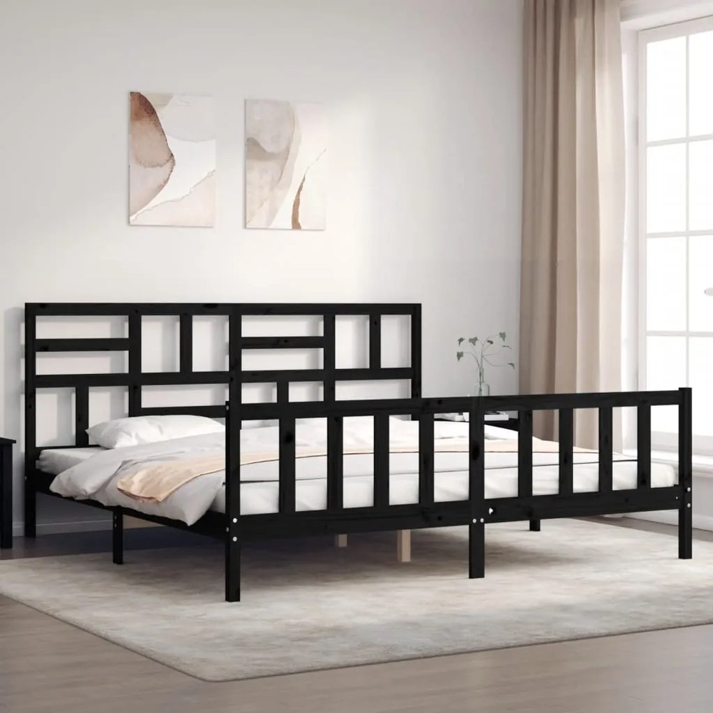 Giroletto Con Testiera Nero 200x200 Cm İn Legno Massello /