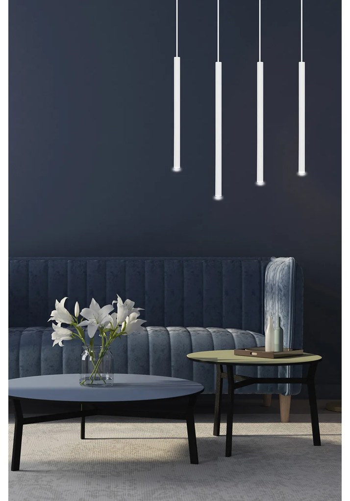 Lampadario 4 Luci Moderno Shu Acciaio Bianco E Paralumi A Cilindri Sottili
