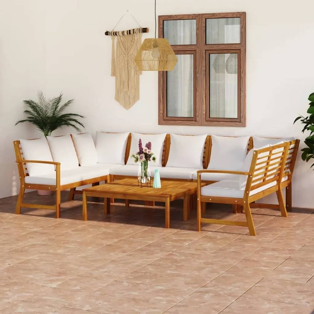 Set divani da giardino 9 pz con cuscini crema in legno acacia