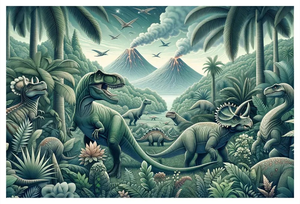 Quadro su tela – Dinosauri nella giungla con vulcani