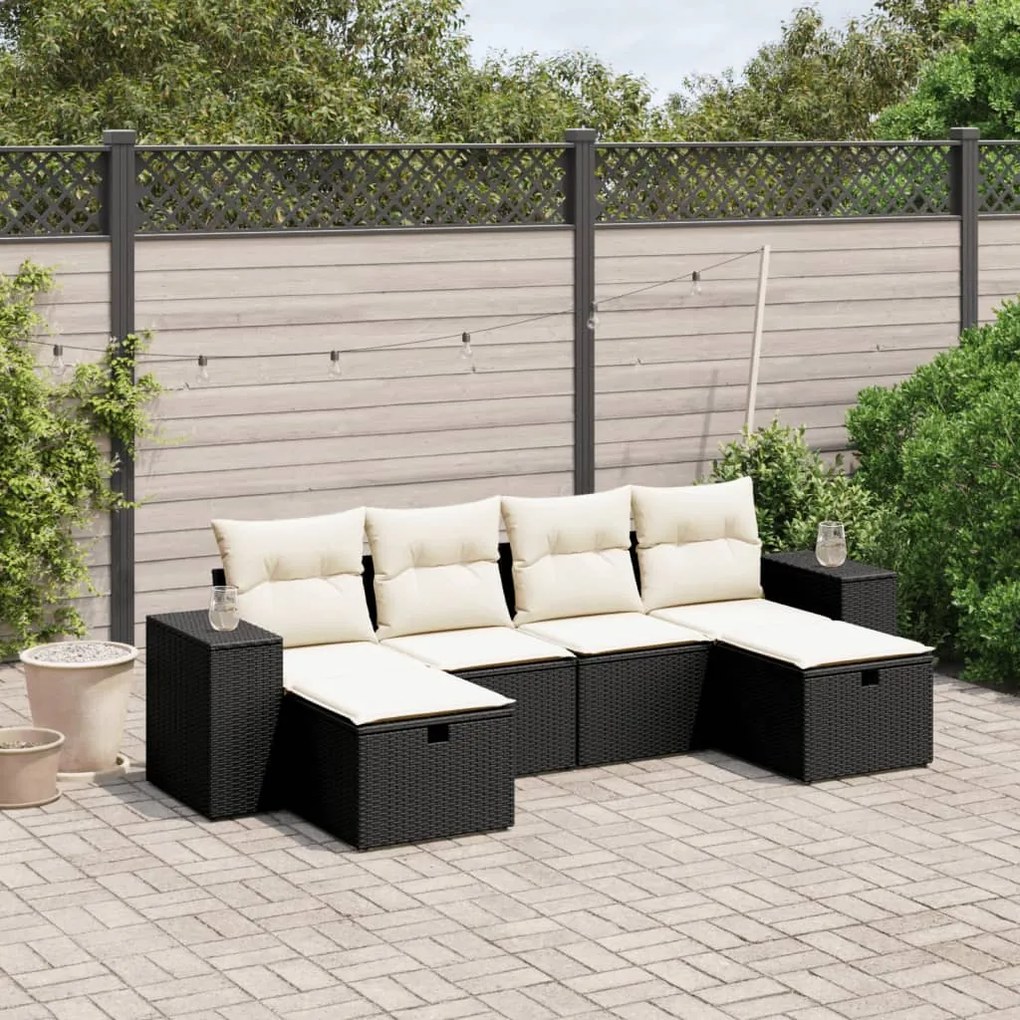 Set Divano da Giardino 6 pz con Cuscini Nero in Polyrattan