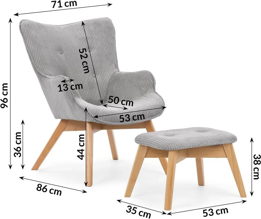 Poltrona con poggiapiedi grigia con rivestimento in velluto a coste Niko – Ropez