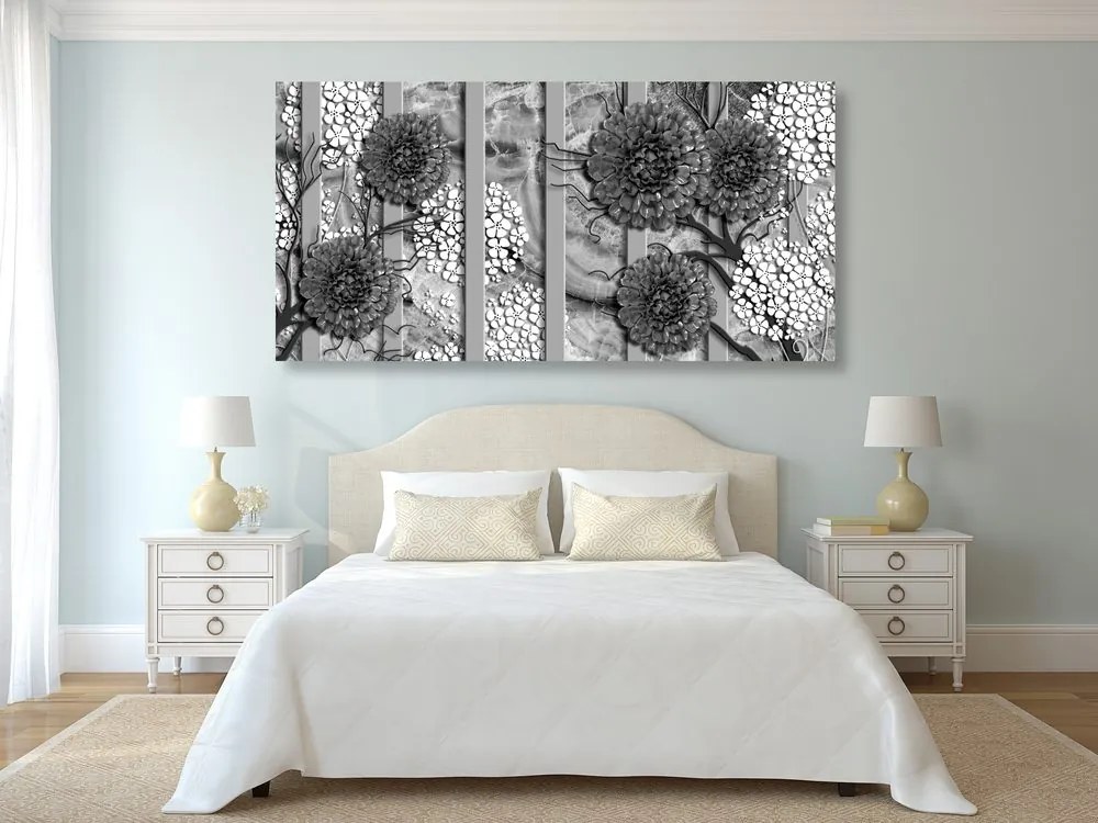 Quadro su tela – Fiori astratti su sfondo di marmo in bianco e nero