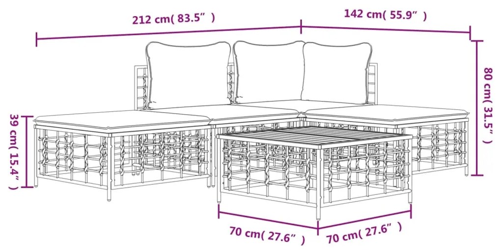 Set Divani da Giardino 5 pz con Cuscini Antracite in Polyrattan