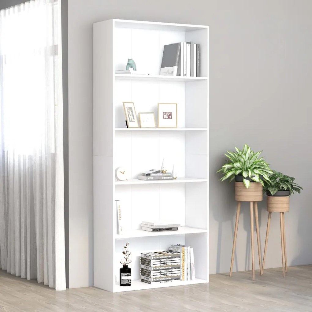 Libreria a 5 ripiani bianca 80x30x189 cm in truciolato