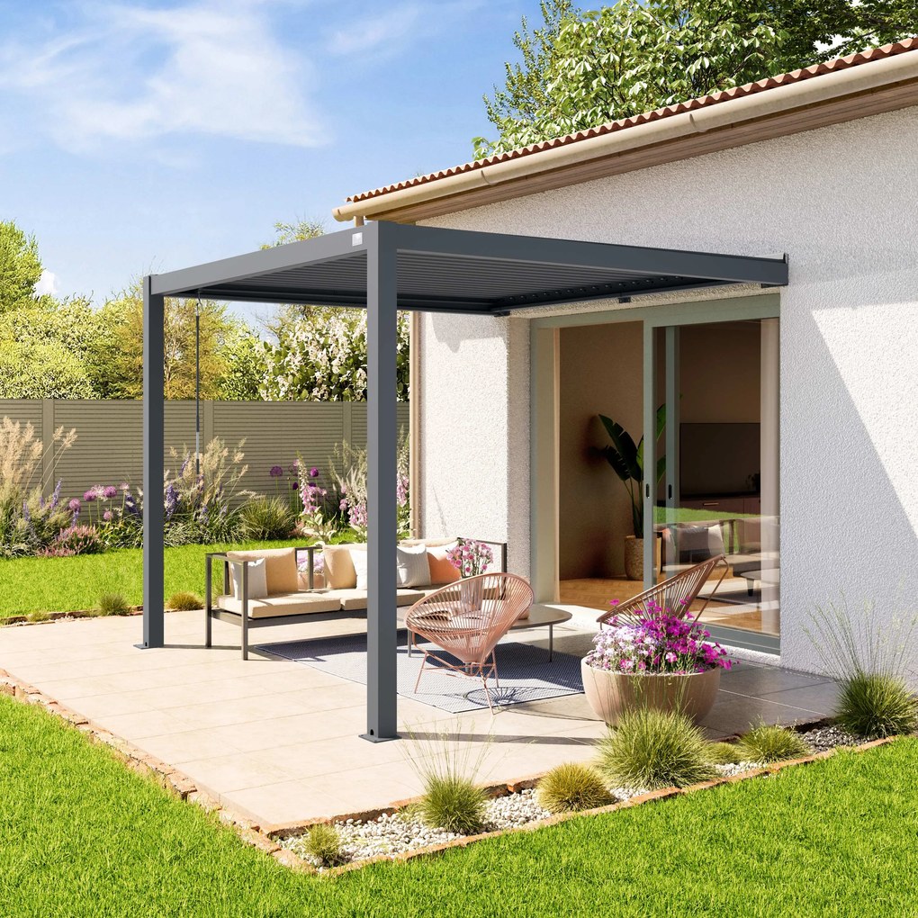 PRIMEYARD Pergola addossata in antracite 3x3, con tetto a lamelle in antracite - (400136)