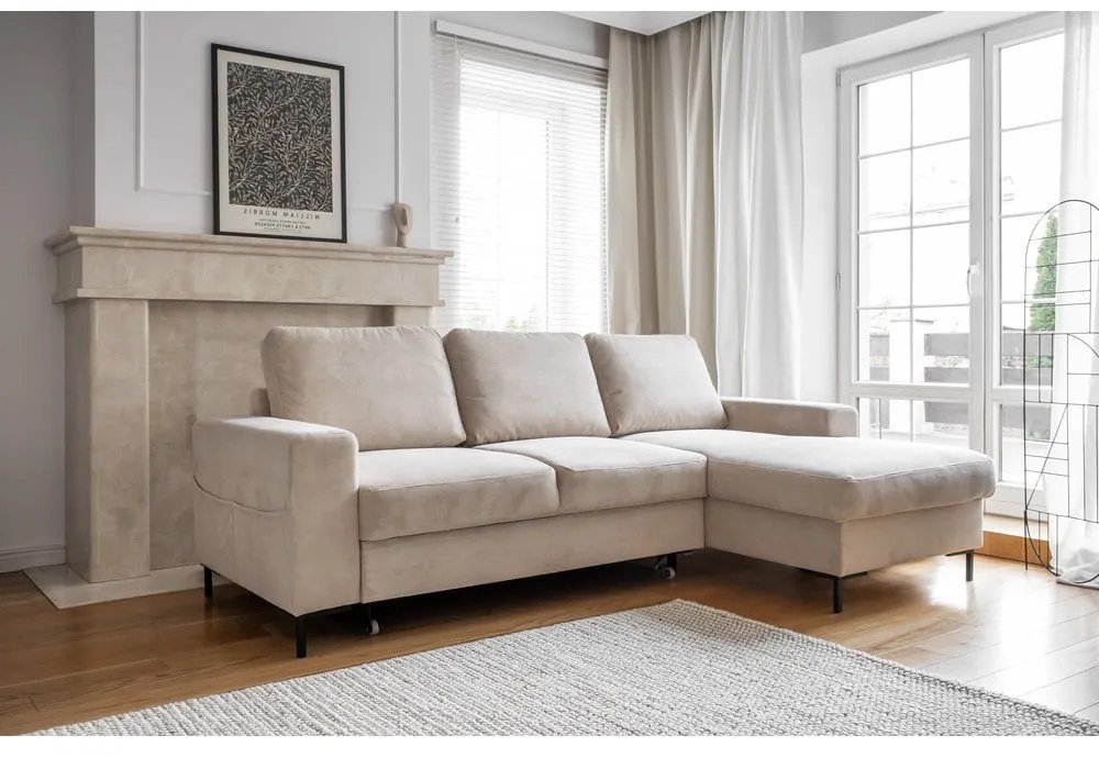 Divano letto angolare in velluto a coste beige (angolo destro) Lofty Lilly - Miuform