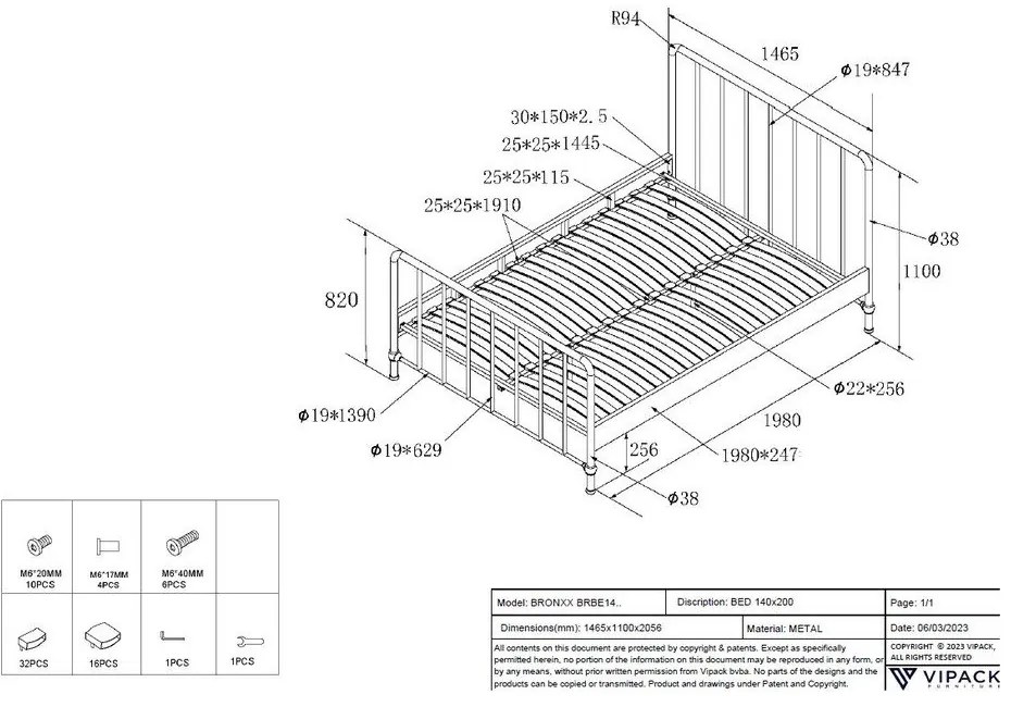 Letto singolo blu in metallo con rete 140x200 cm BRONXX - Vipack