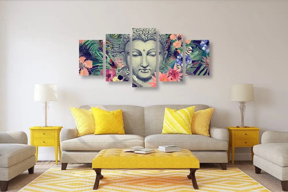 Quadri 5 pezzi – Buddha su sfondo esotico