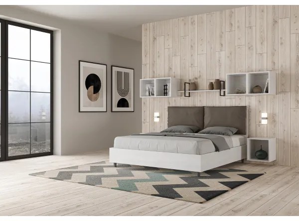 Letto matrimoniale contenitore 160x190 bianco frassino cuscini similpelle cappuccino Egos Antea