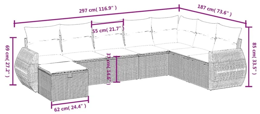 Set divano da giardino 8pz con cuscini grigio chiaro polyrattan