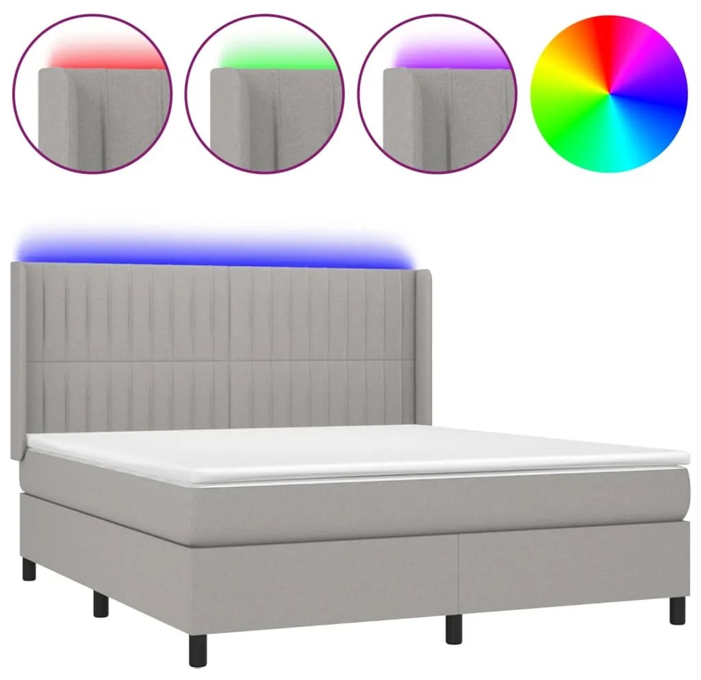 Letto a molle materasso e led grigio chiaro 160x200 cm tessuto